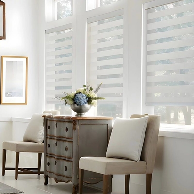 Op maat gemaakte elektrische slimme zebra schaduwproof stofdichte functie venster polyester blinds